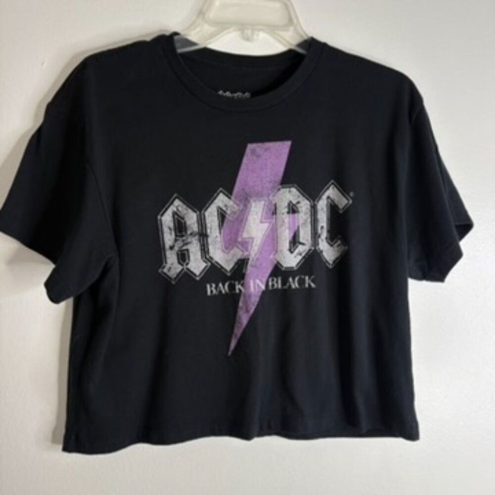 AC/DC Back In Black Band T Shirt Womens Black Graphic Rock Crop Tee